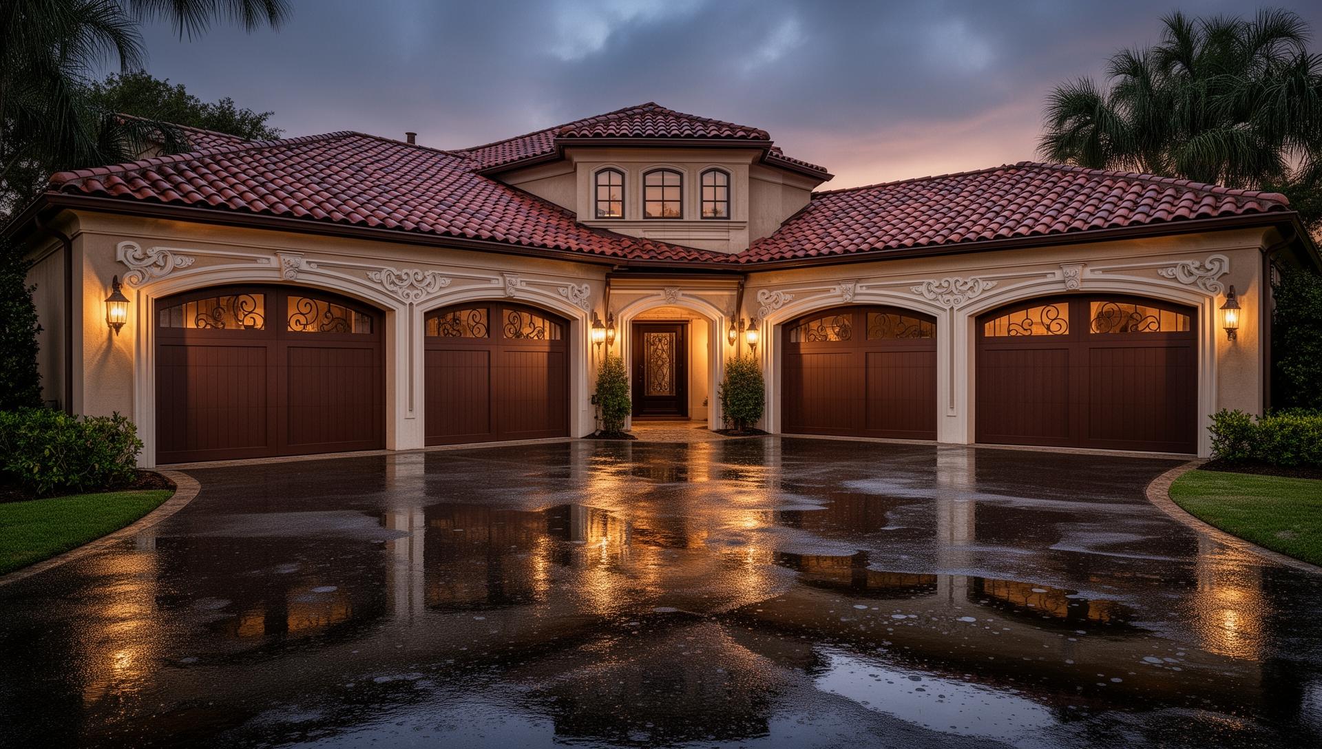 Luxury Mediterranean villa with ornate Victorian garage doors after rain with wet driveway reflections